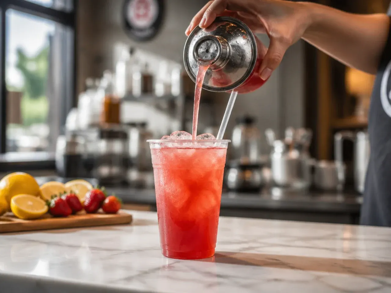 Pink strawberry lemonade in a glass with fresh strawberry slices and ice