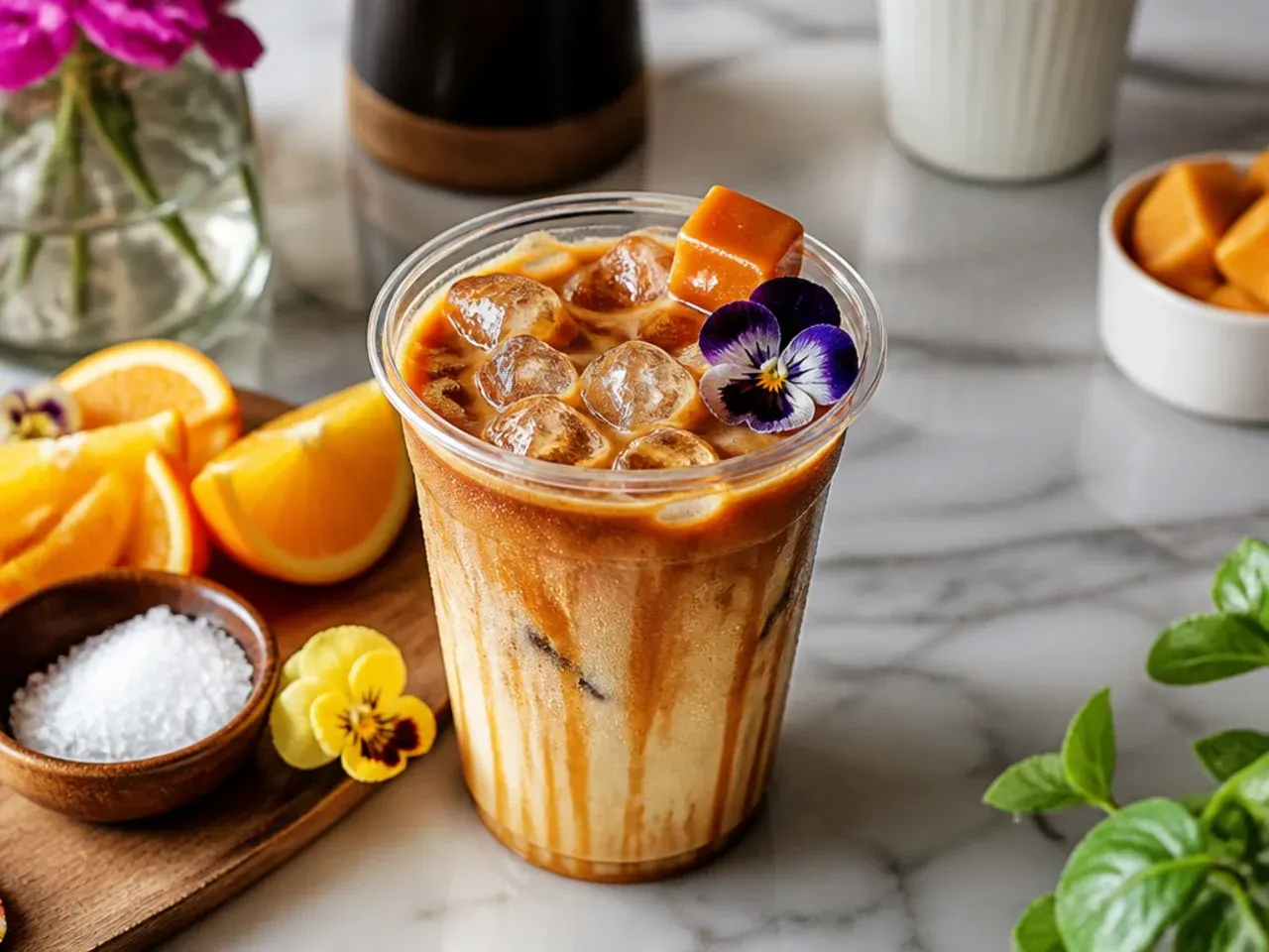 Salted caramel cold brew with floating whipped cream and sea salt garnish