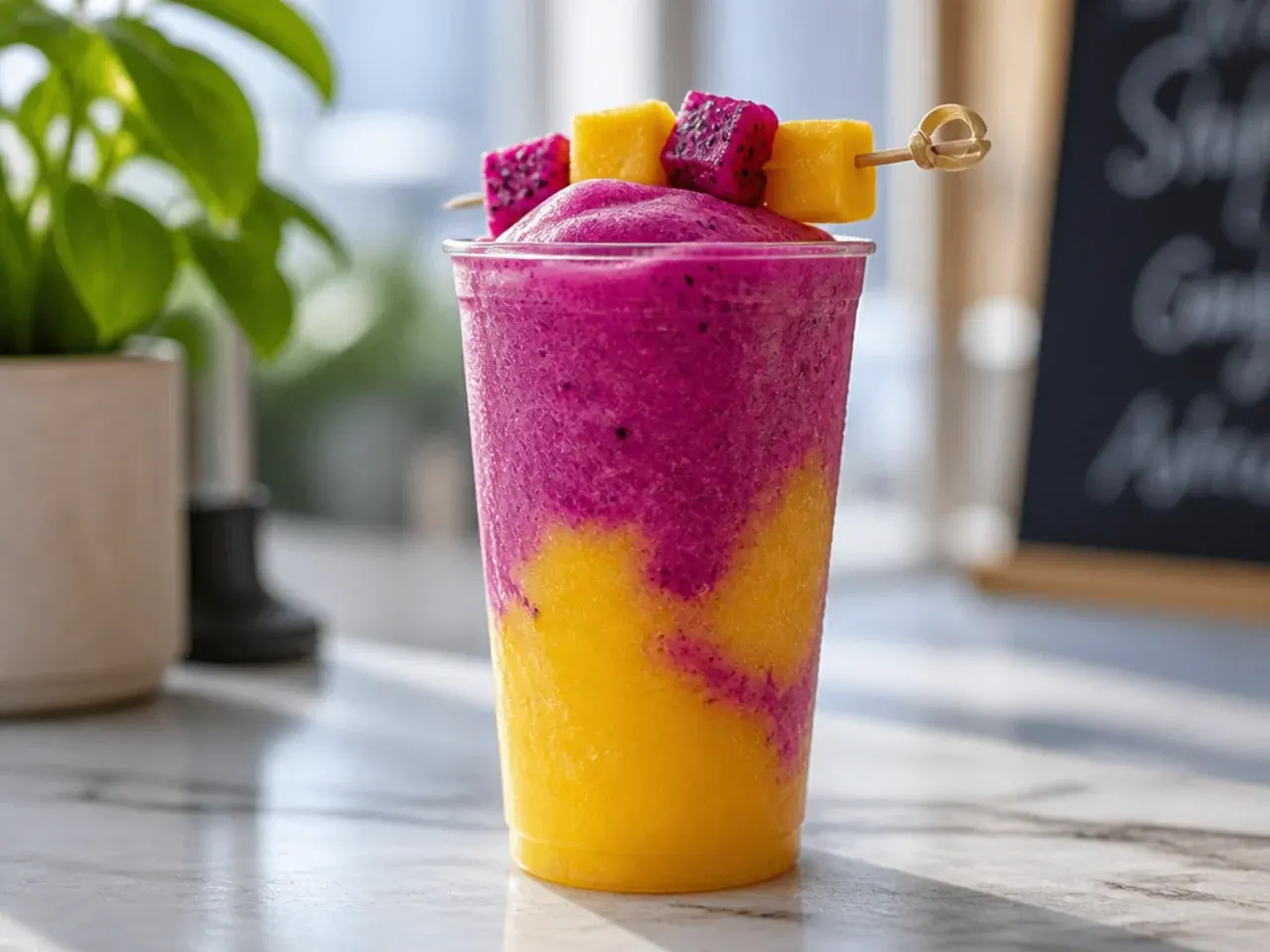 Bright pink mango dragonfruit smoothie in a glass with a wide straw