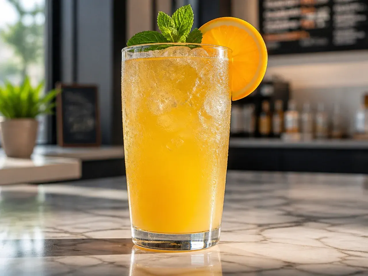 Simple fruity energy drink refresher over ice in a plastic cup with a straw