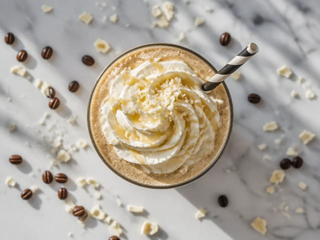 Blended white chocolate mocha frappe topped with whipped cream and white chocolate drizzle