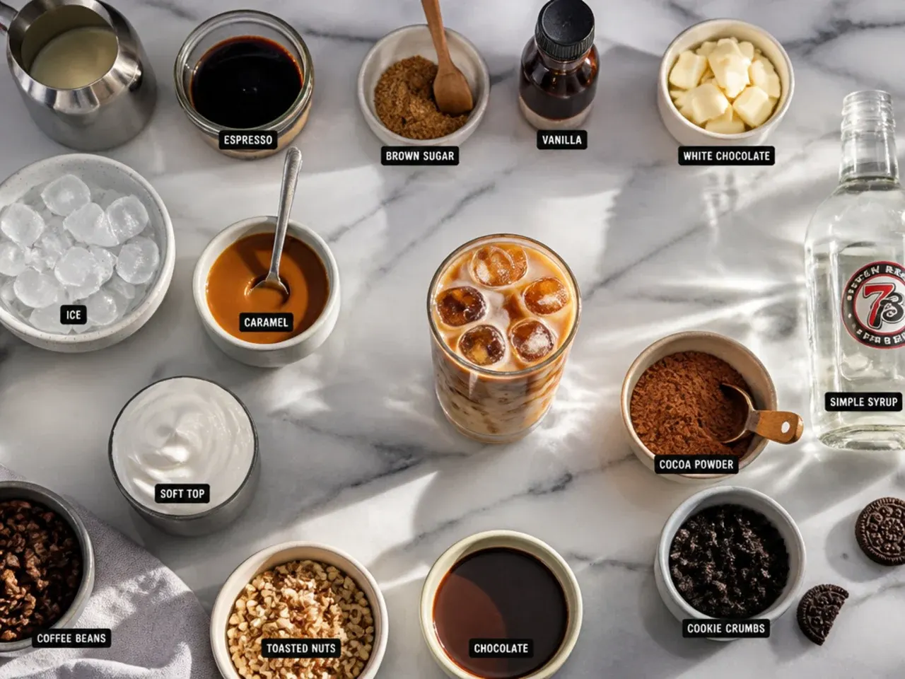 Row of flavoured syrup bottles and coffee tools laid out on a kitchen counter