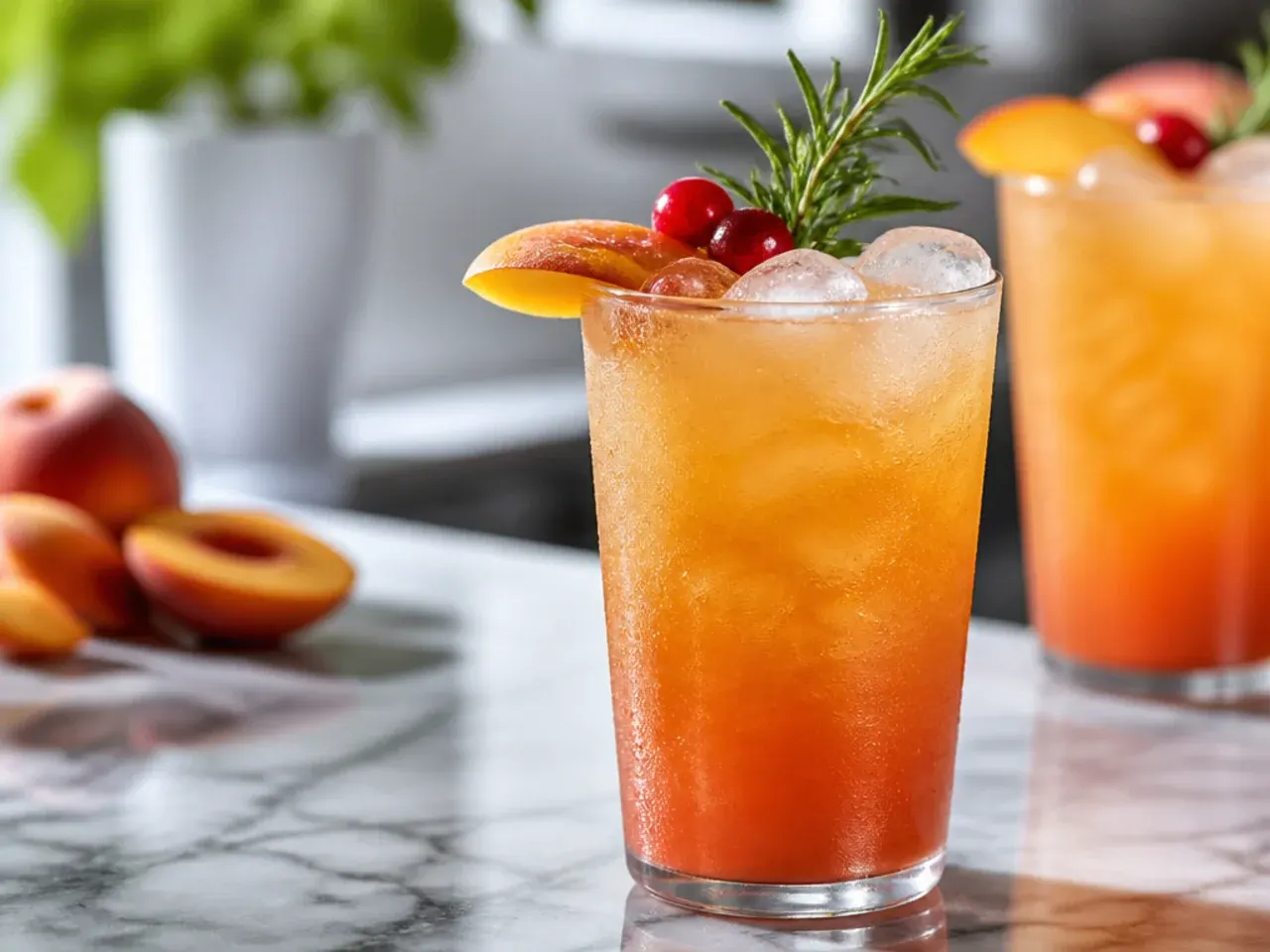 Glass of pale peach-coloured energy drink with vanilla swirl and ice cubes