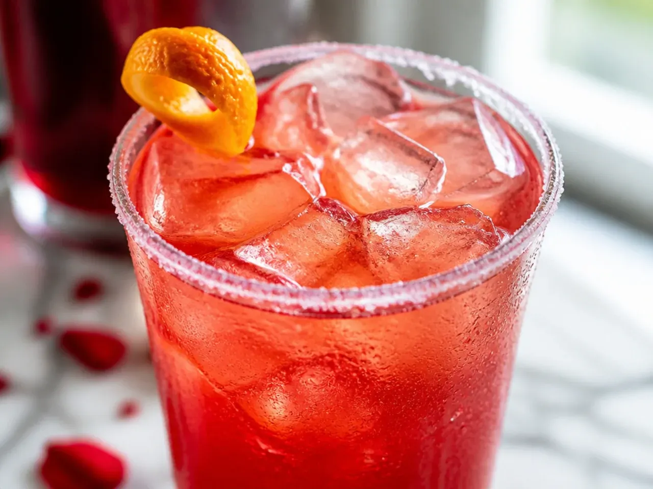 Red-orange layered energy drink in a plastic cup with a lime wedge on the rim