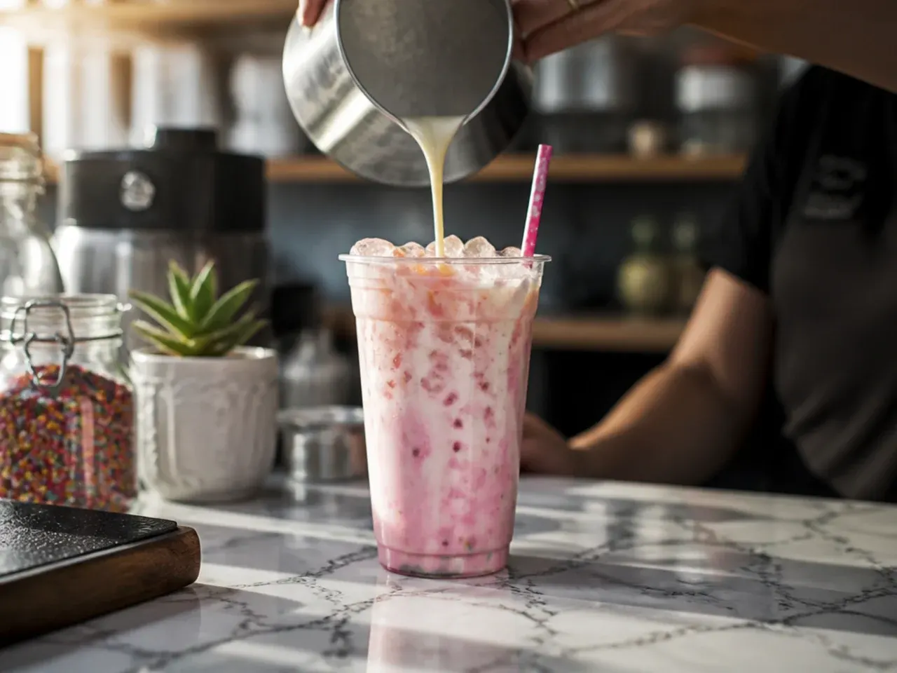 Layered pink and cream energy drink with a marbled cream float on top