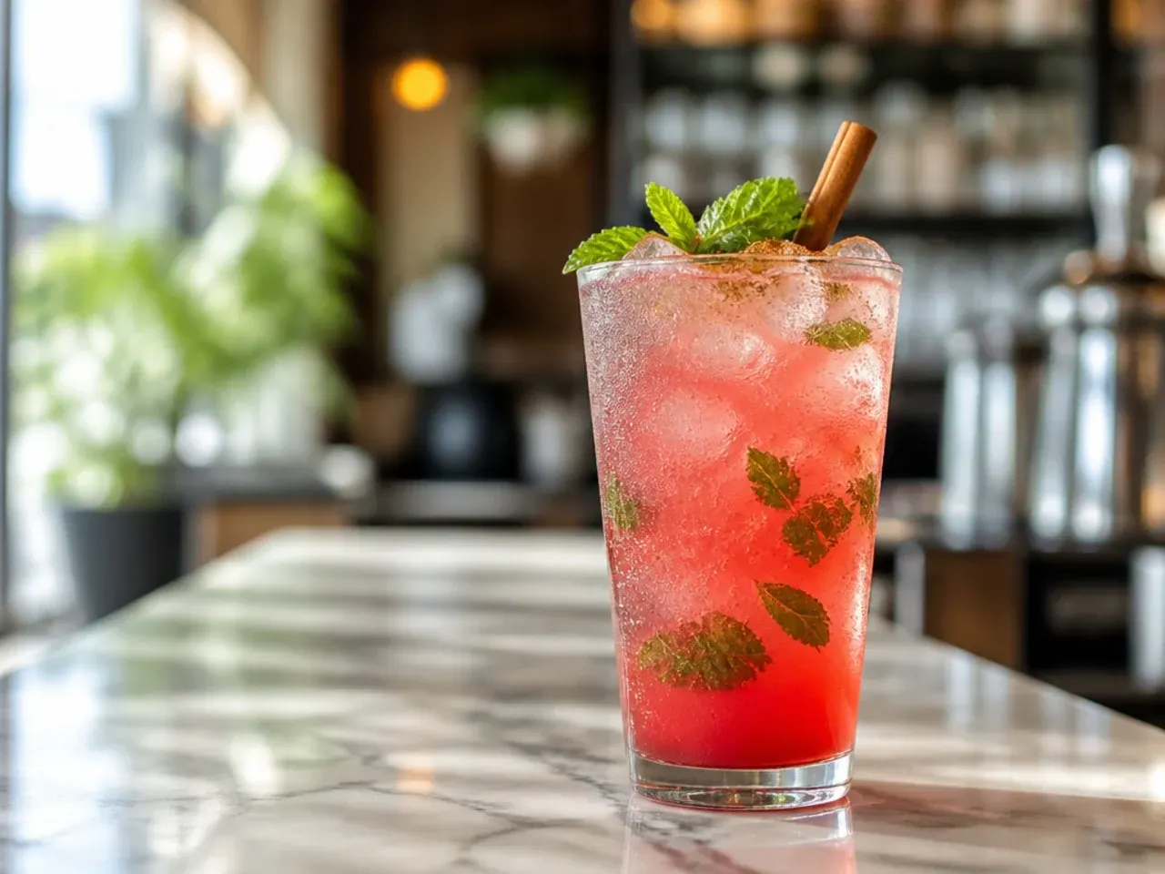 Pink watermelon energy drink in a clear glass with fresh mint leaves and ice