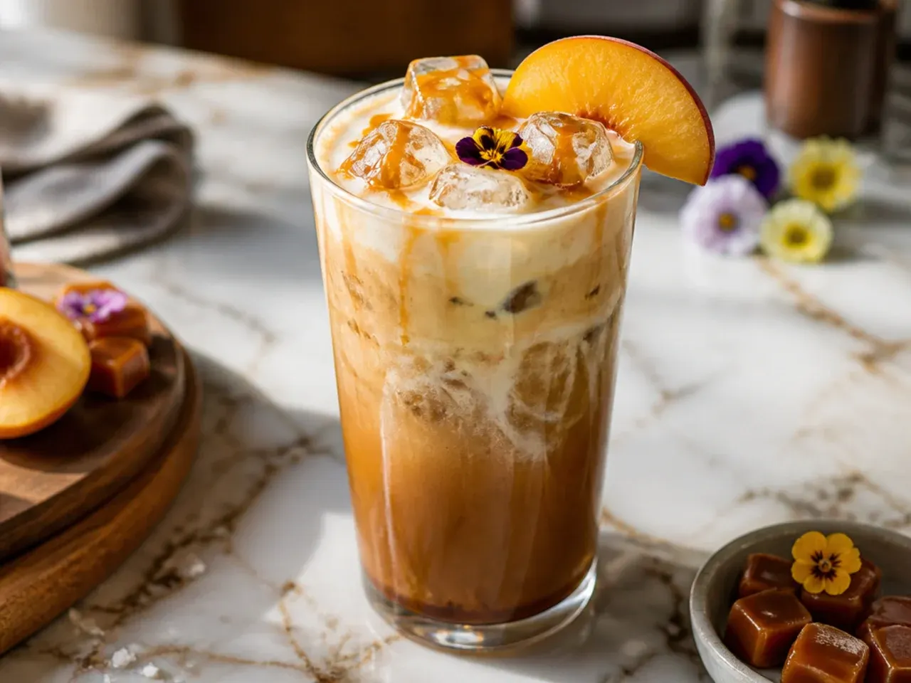 Caramel-swirled energy drink in a glass with condensed milk drizzle and sea salt on top