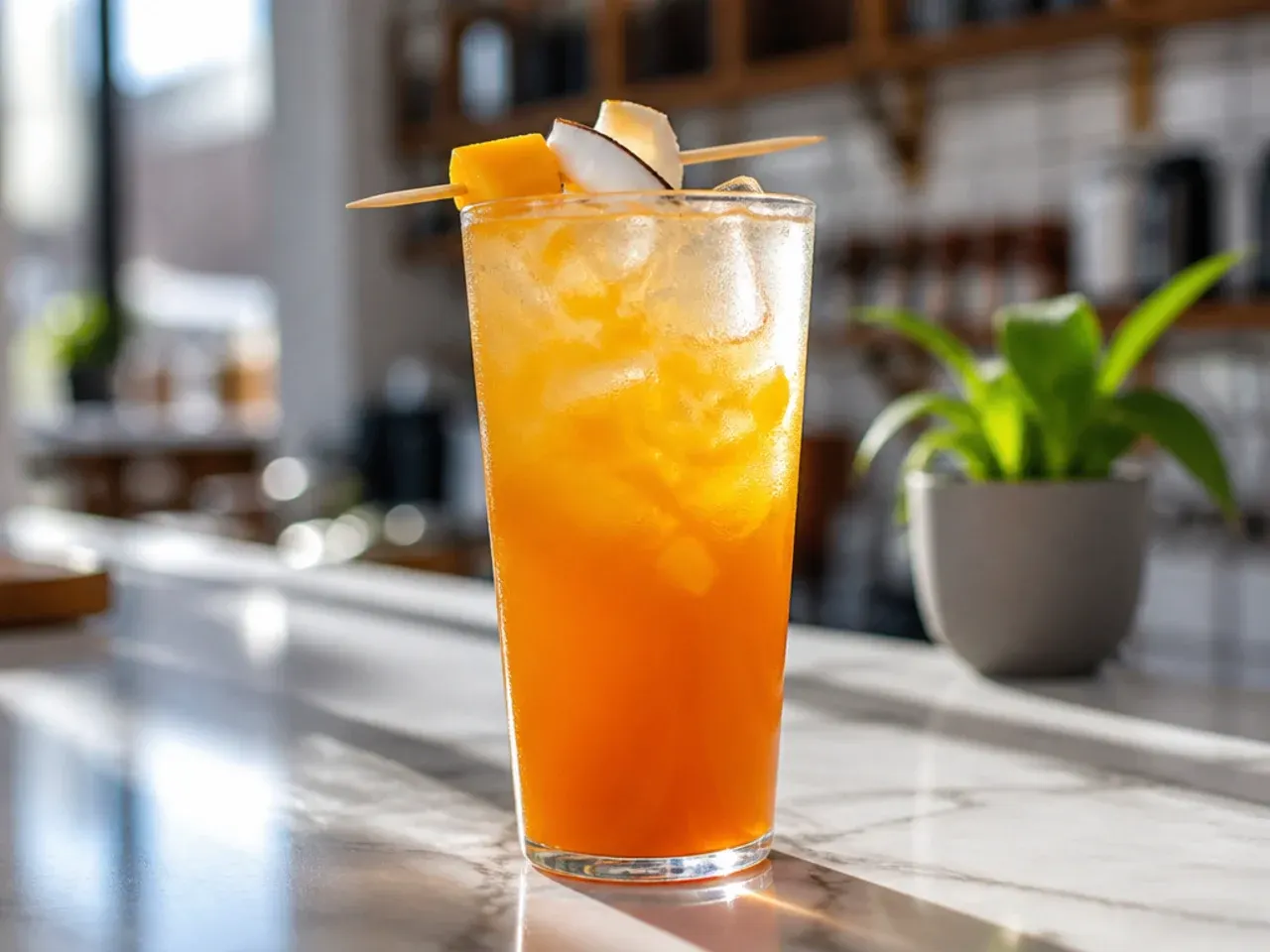 Orange-yellow tropical energy drink with mango wedge garnish and ice
