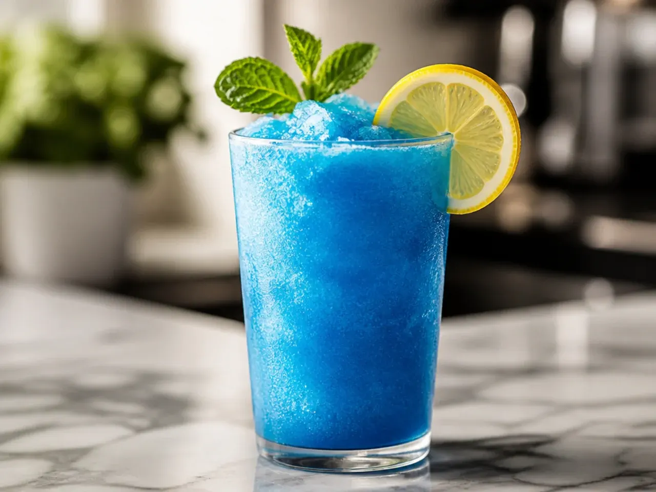Bright blue frozen slushy energy drink in a cup with a straw