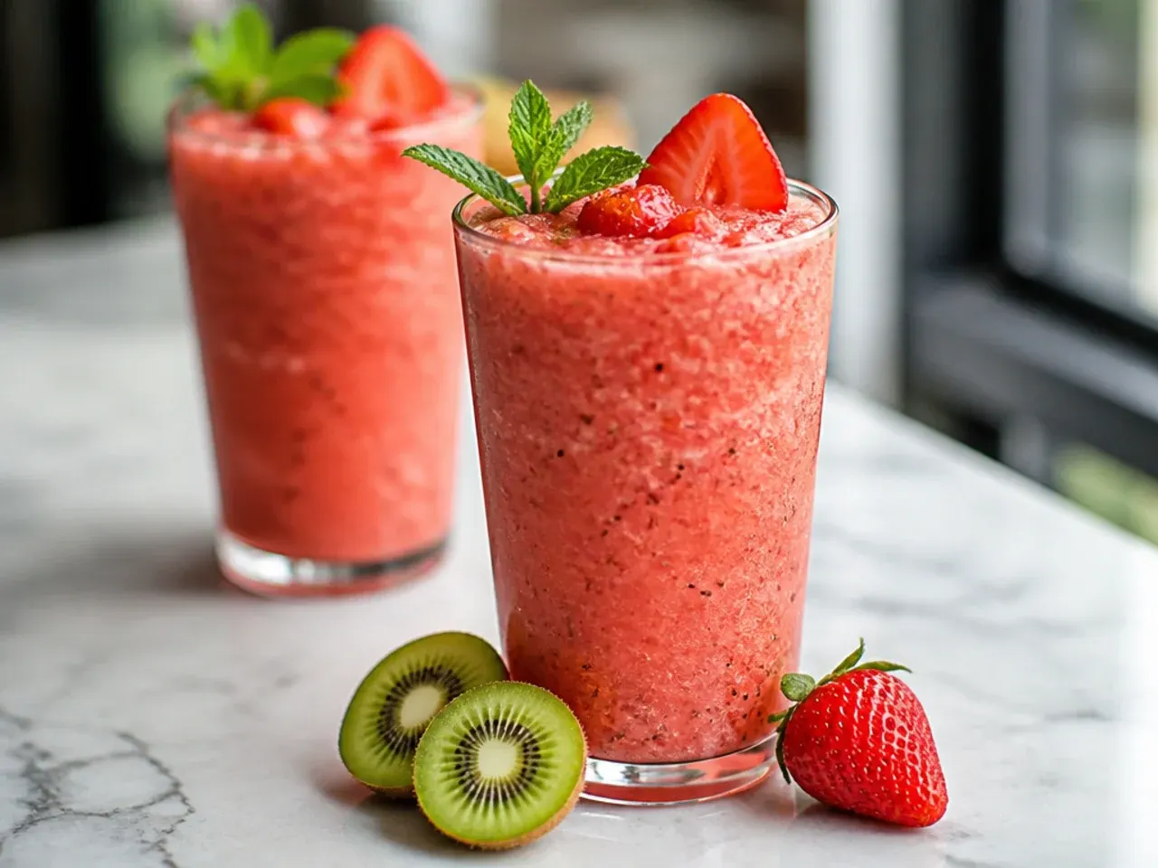 Pink-green blended slushy energy drink in a wide glass with a straw