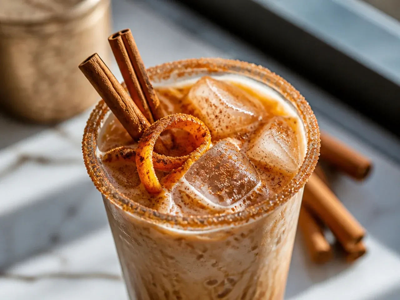 Amber-toned spiced energy drink in a glass with a cinnamon dusting on top