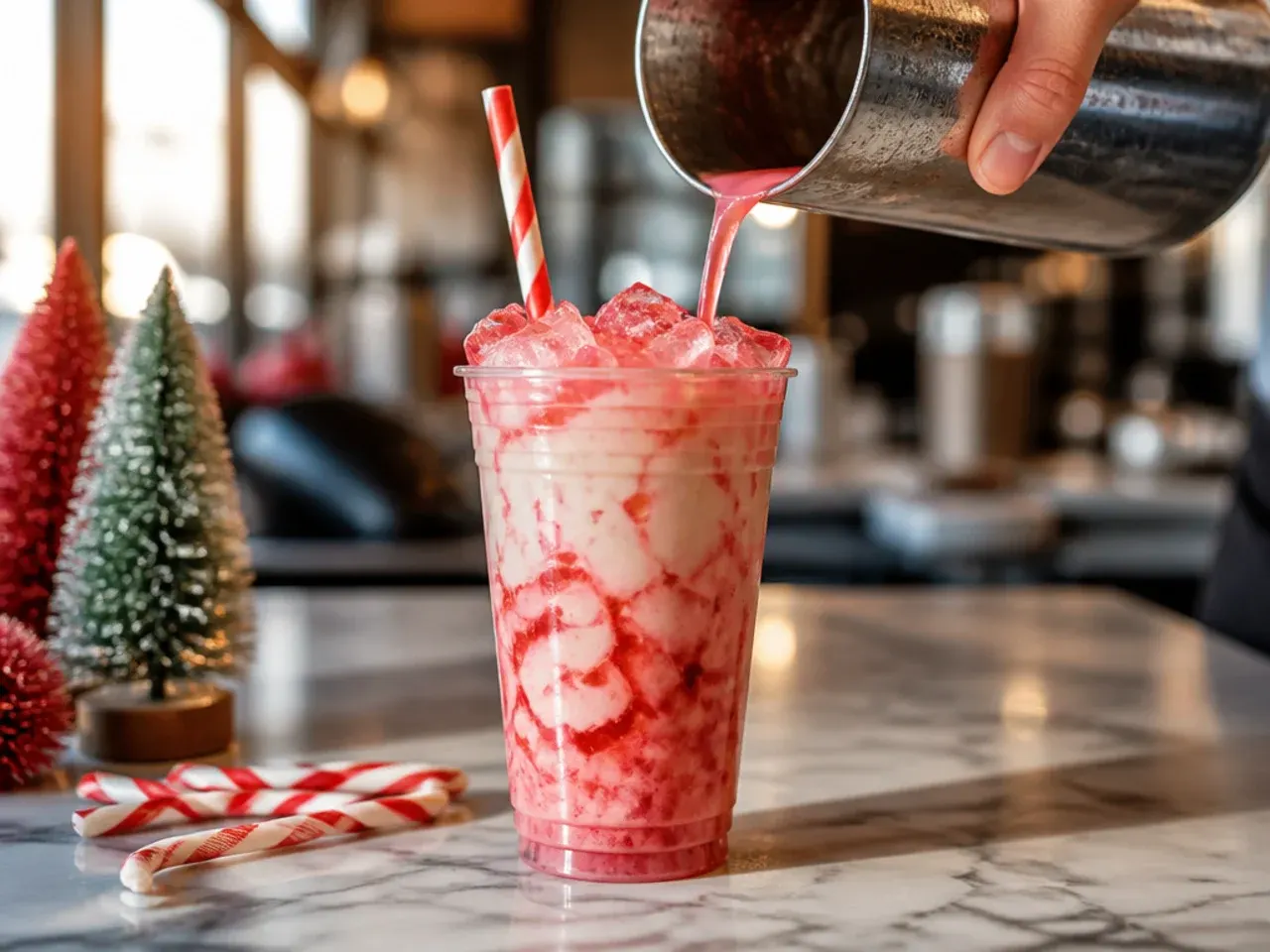 Red and white striped energy drink with crushed candy cane rim garnish