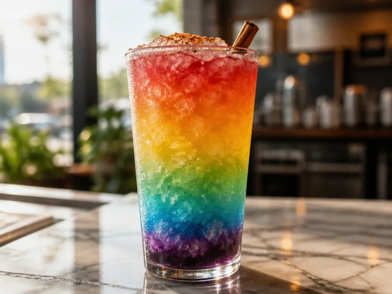 Rainbow-layered energy drink in a clear glass showing distinct coloured bands