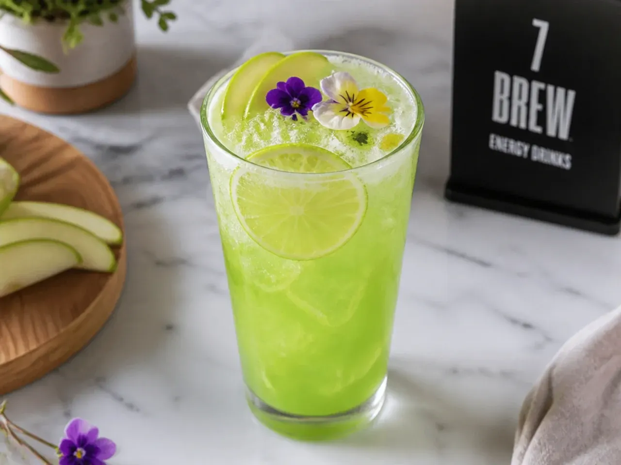 Bright green tart energy drink in a glass with an apple slice garnish
