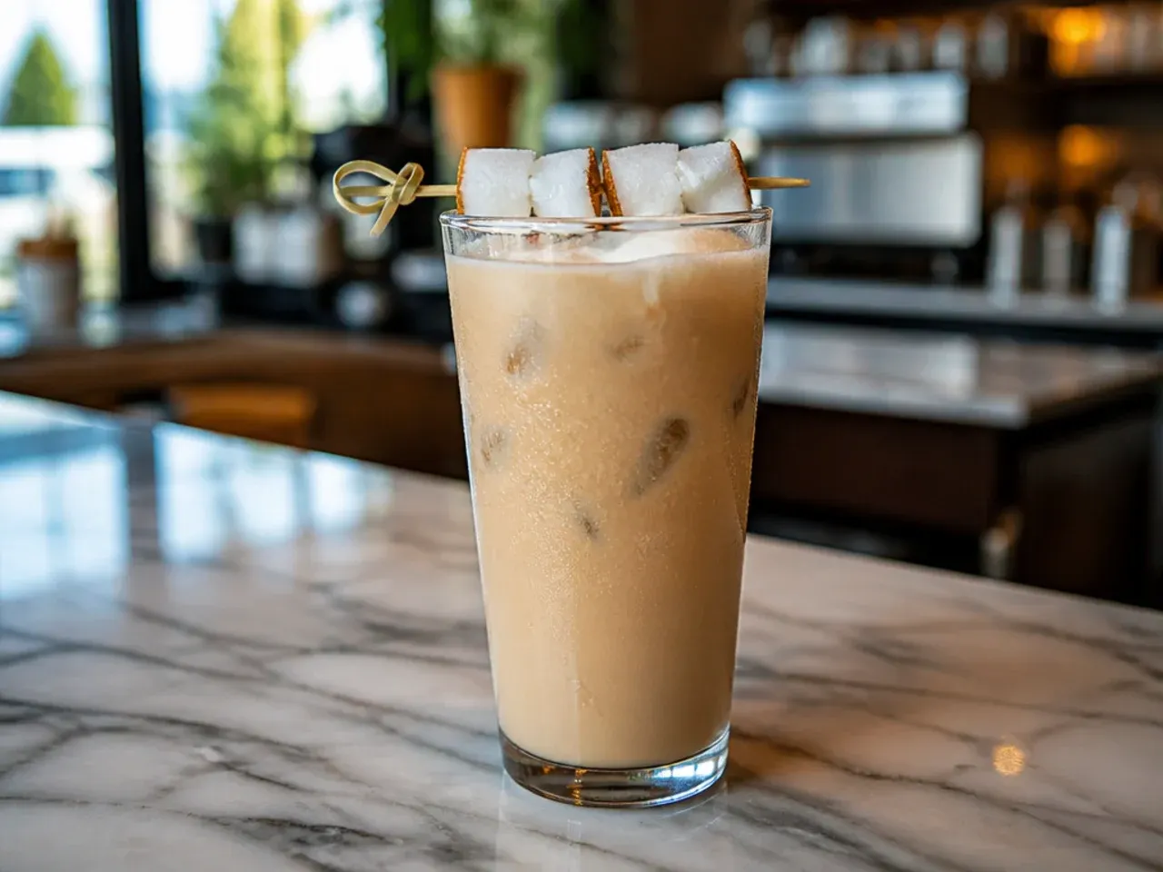Pale coconut energy drink in a glass with a smooth cream float on top