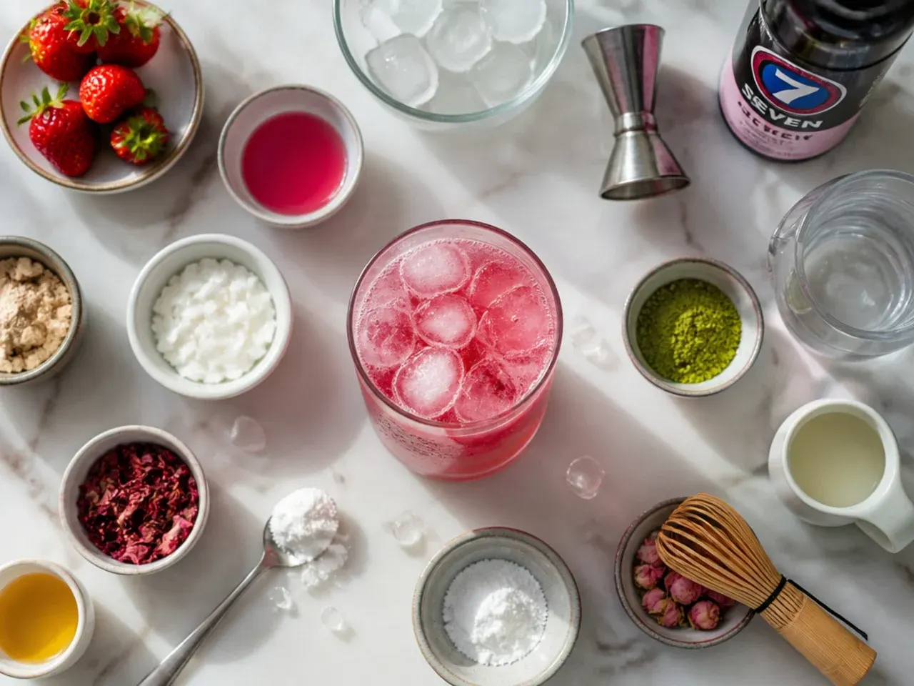 Close-up of hands measuring flavoured syrup into a tablespoon over a glass of ice