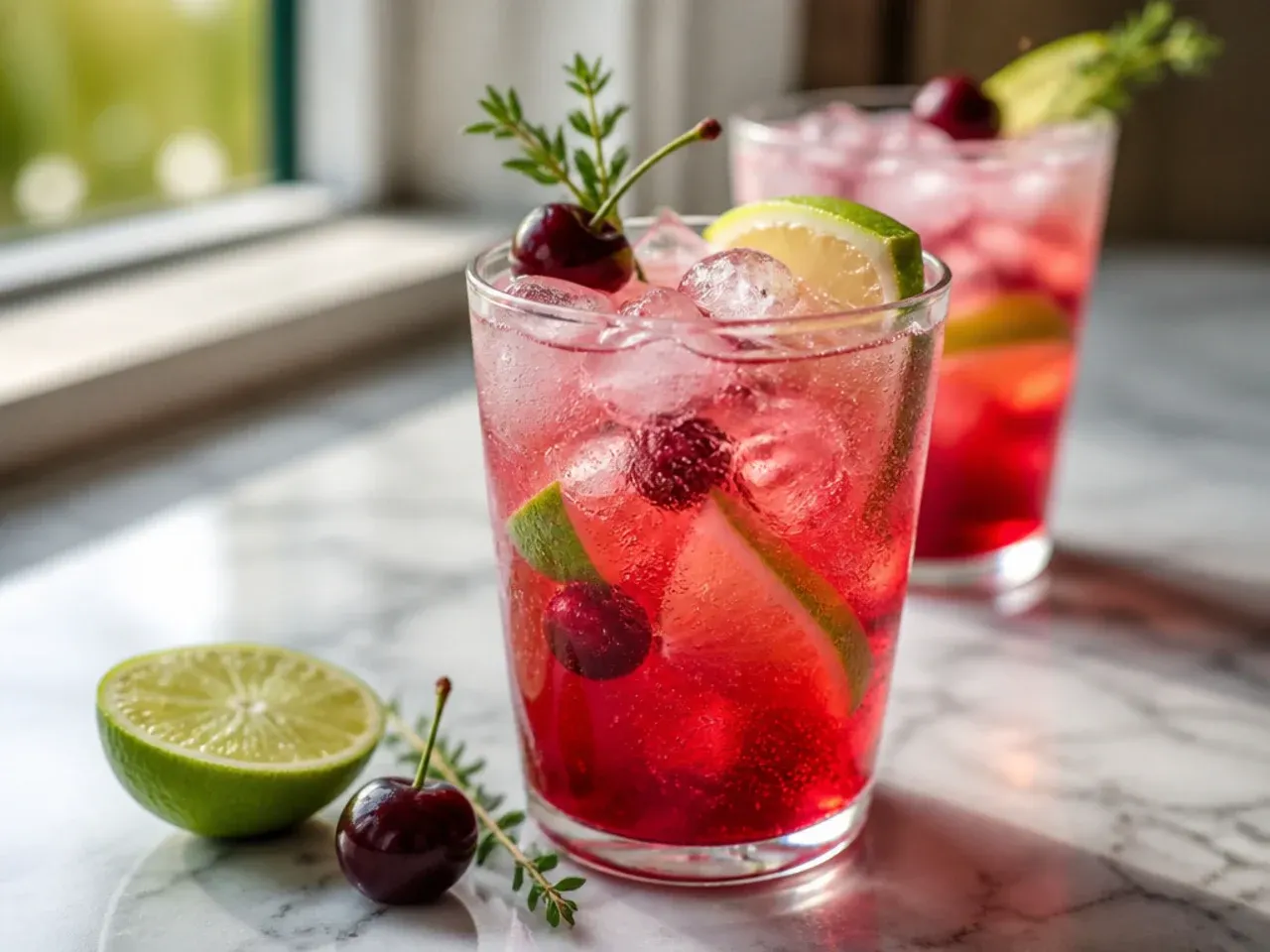 Classic Cherry Lime fizz drink garnished with a lime wheel and fresh cherries