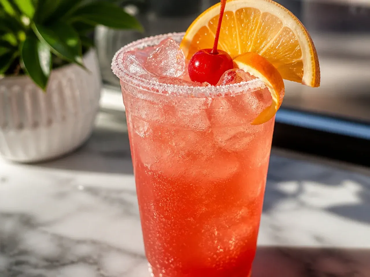 Copycat Bahama Mama fizz drink with coconut cream float and pineapple garnish