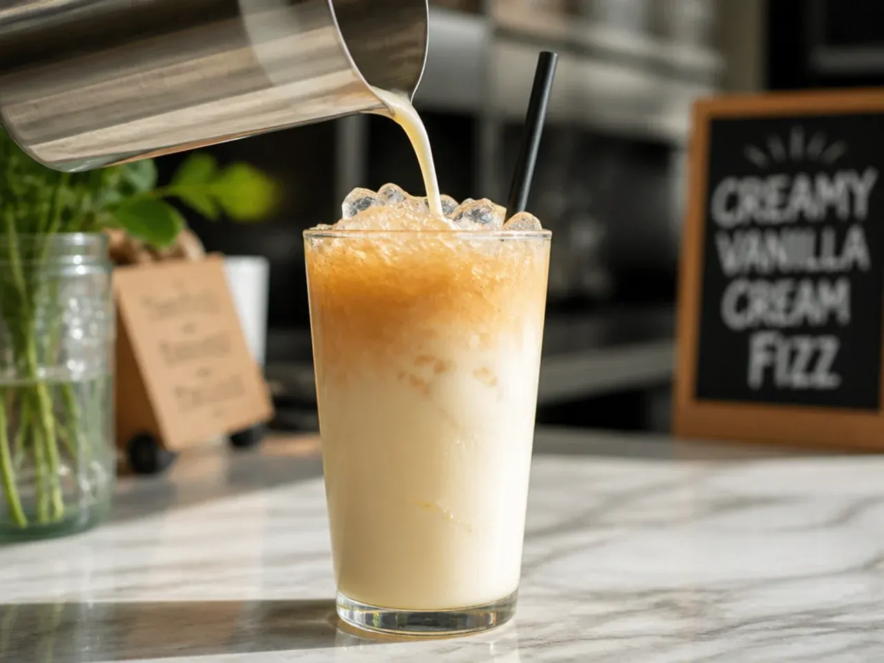 Creamy Vanilla Cream fizz drink with a visible white cream float on top