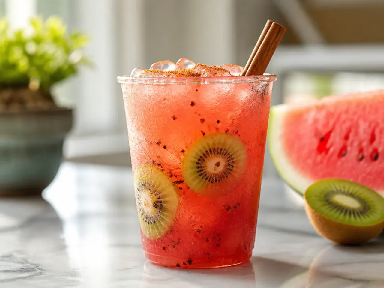 Refreshing Watermelon Kiwi fizz drink with fresh watermelon cubes and mint