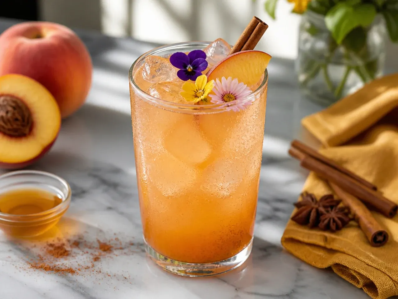 Cozy Spiced Peach fizz drink with a cinnamon-dusted cream float and cinnamon stick garnish