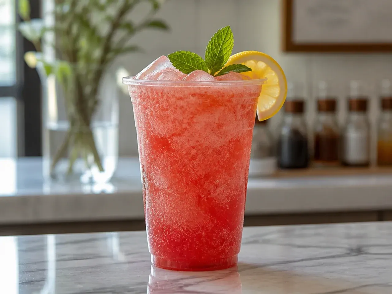 Frozen Strawberry Slush fizz drink with a thick blended texture and straw