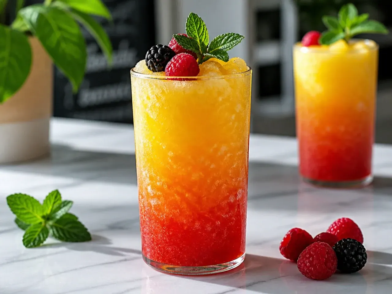 Blended Mango Sunrise fizz drink with an orange-to-red gradient in a tall glass