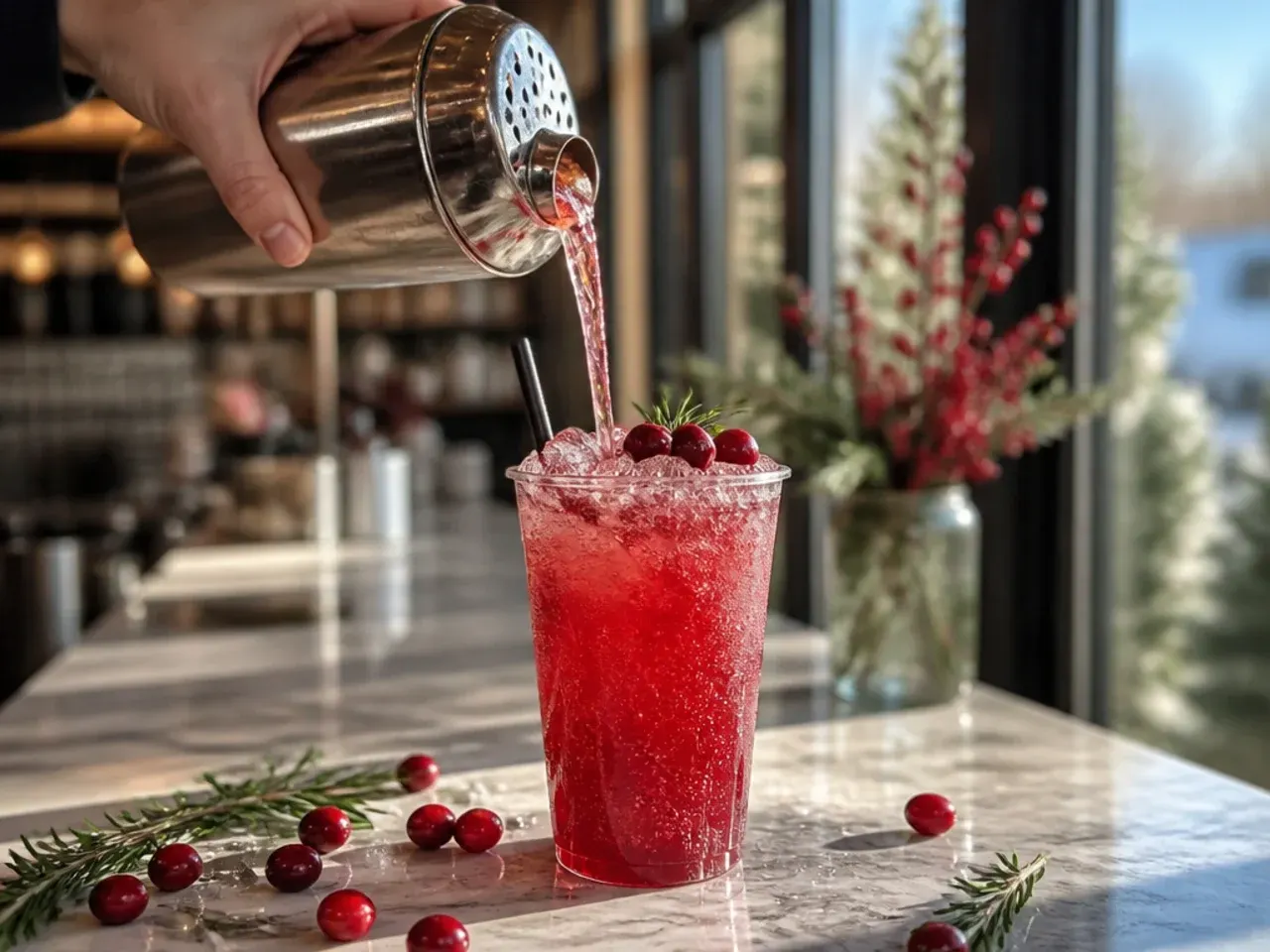 Festive Cranberry fizz drink garnished with fresh cranberries and a rosemary sprig