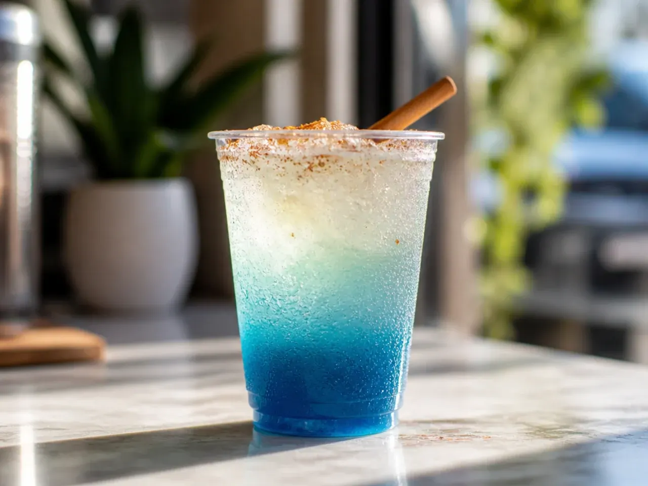 Layered Ocean Breeze fizz drink with visible blue and white striped layers