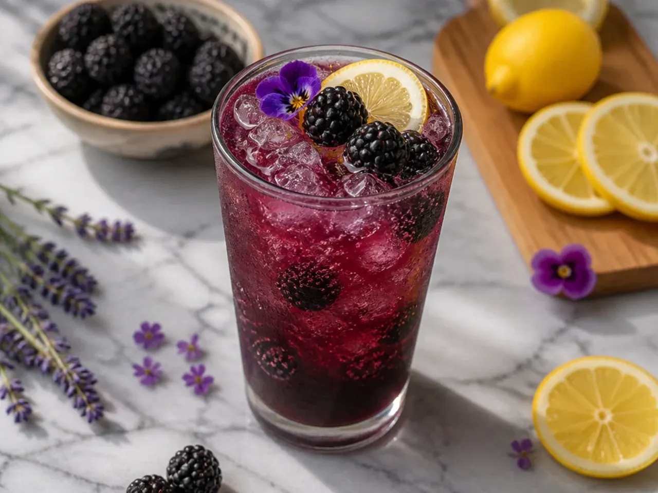 Bold Black Mamba fizz drink with a deep purple colour and muddled blackberries