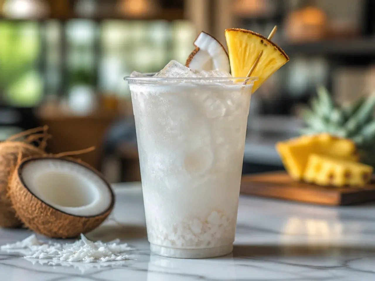 Smooth Coconut Cream fizz drink topped with toasted coconut flakes