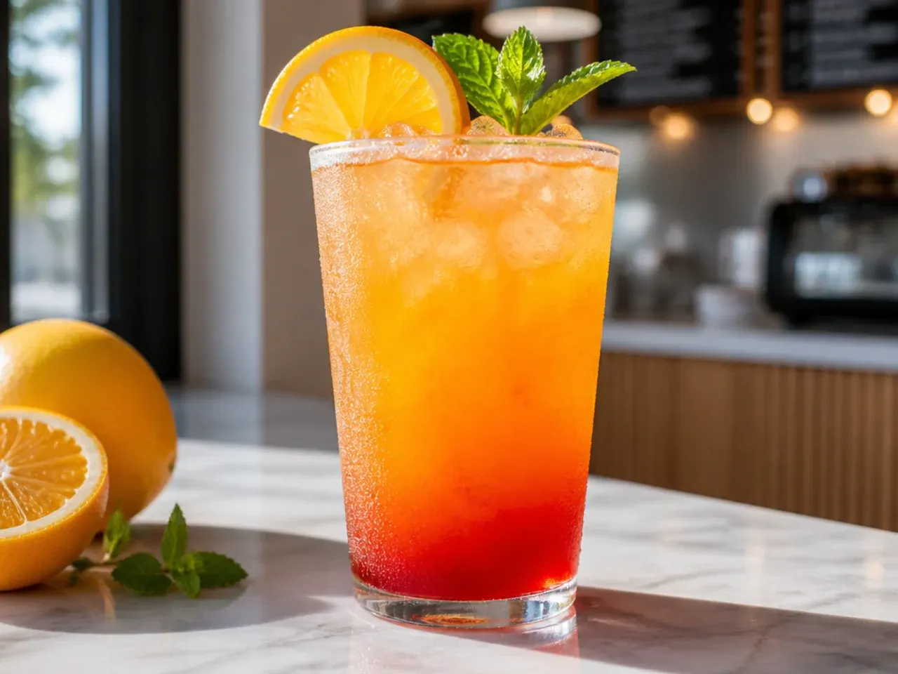 Iced Sunrise Citrus fizz drink with an orange gradient and orange slice garnish
