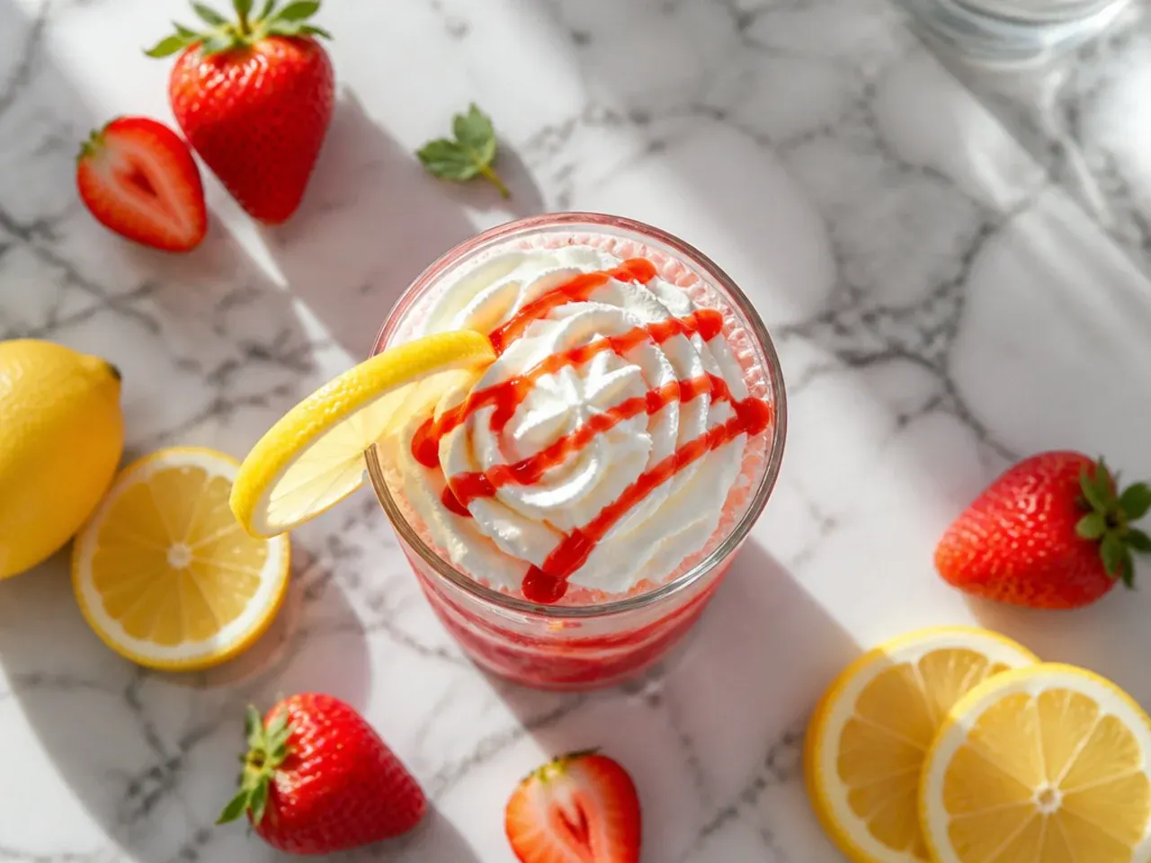 Classic Strawberry Lemonade fizz drink with muddled strawberries and a lemon wheel