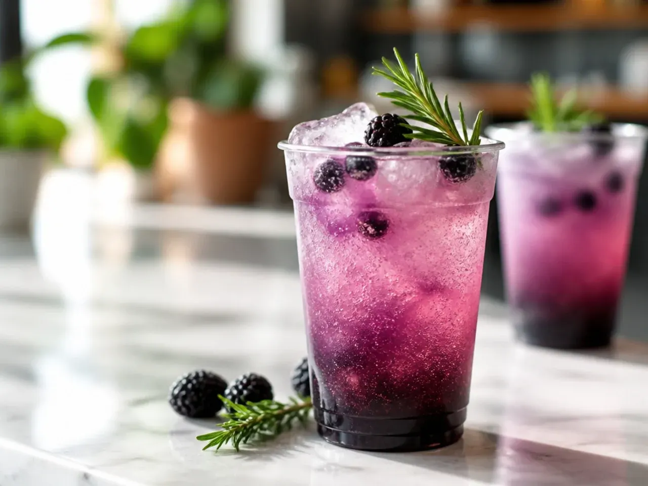 Copycat Nightshade fizz drink with a deep purple colour and frozen blueberries
