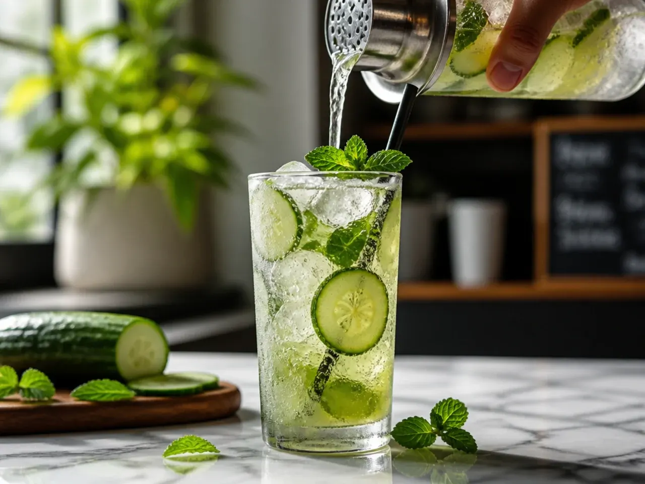 Refreshing Cucumber Mint fizz drink with cucumber ribbons and fresh mint garnish