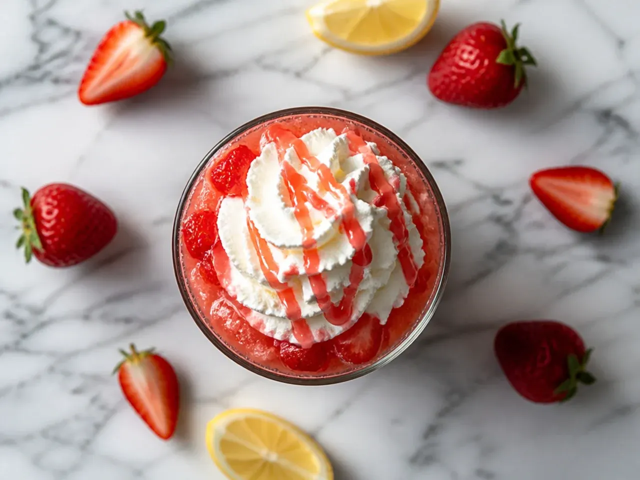 Iced strawberry lemonade in a plastic cup with muddled strawberry pieces and lemon wheel garnish
