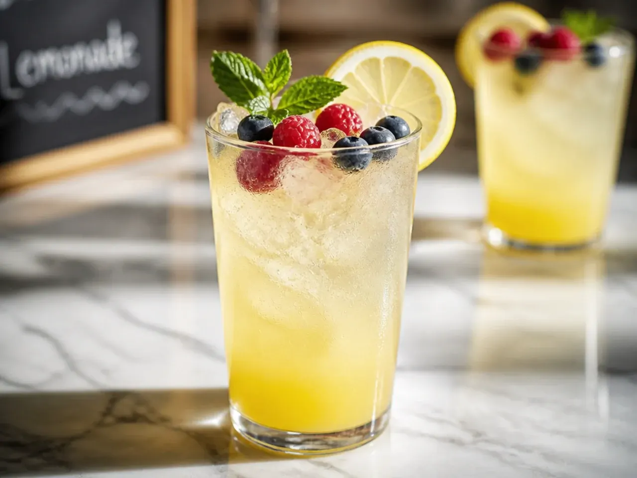 Classic clear lemonade in a tall glass with lemon slices and mint sprig