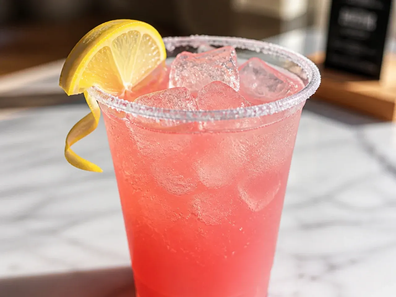 Pink gradient lemonade drink in a clear glass with frozen raspberries at the bottom