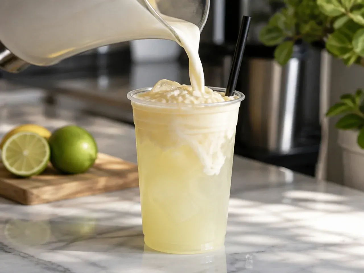 Creamy lime vanilla lemonade with visible cream swirl in a tall glass