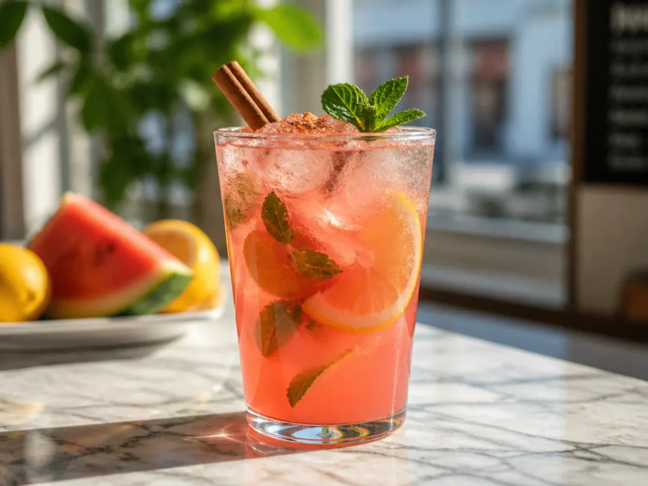 Pink watermelon mint lemonade in a glass with fresh mint leaves and watermelon wedge garnish