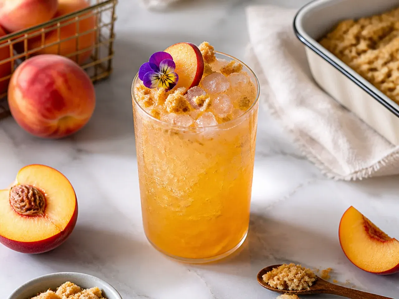 Amber-toned peach cobbler lemonade in a glass with caramel drizzle on the rim