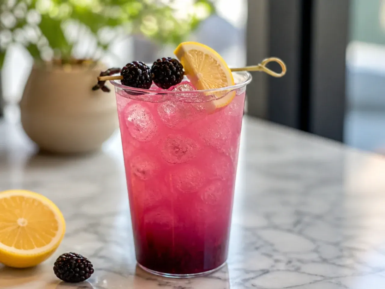 Purple blackberry cobbler lemonade topped with whipped cream and biscuit crumbs