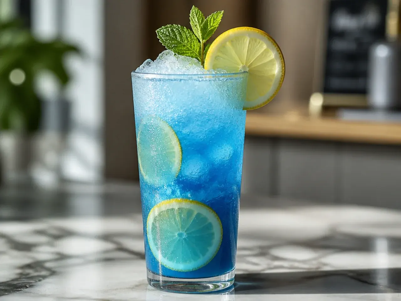 Blue frozen lemonade slush in a plastic cup with a wide straw