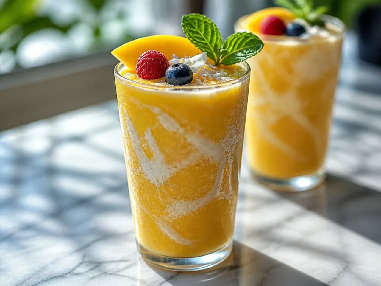 Orange mango coconut blended lemonade in a glass with toasted coconut rim