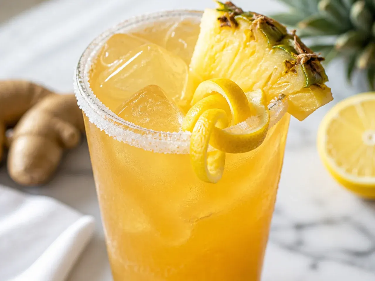 Golden spiced pineapple ginger lemonade in a glass with pineapple wedge garnish