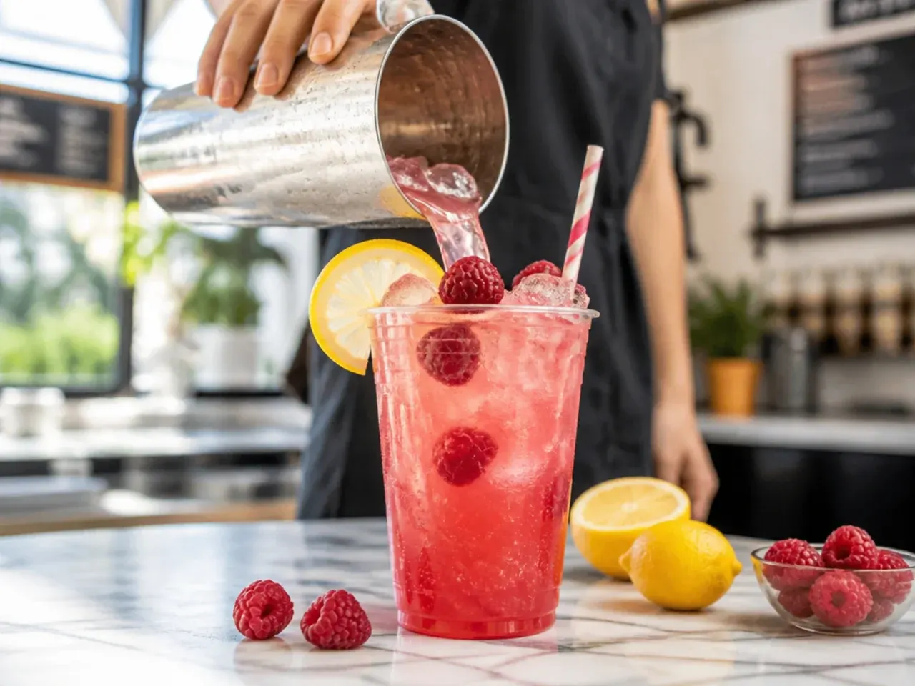 Sparkling raspberry lemonade with visible bubbles in a glass, garnished with fresh raspberries