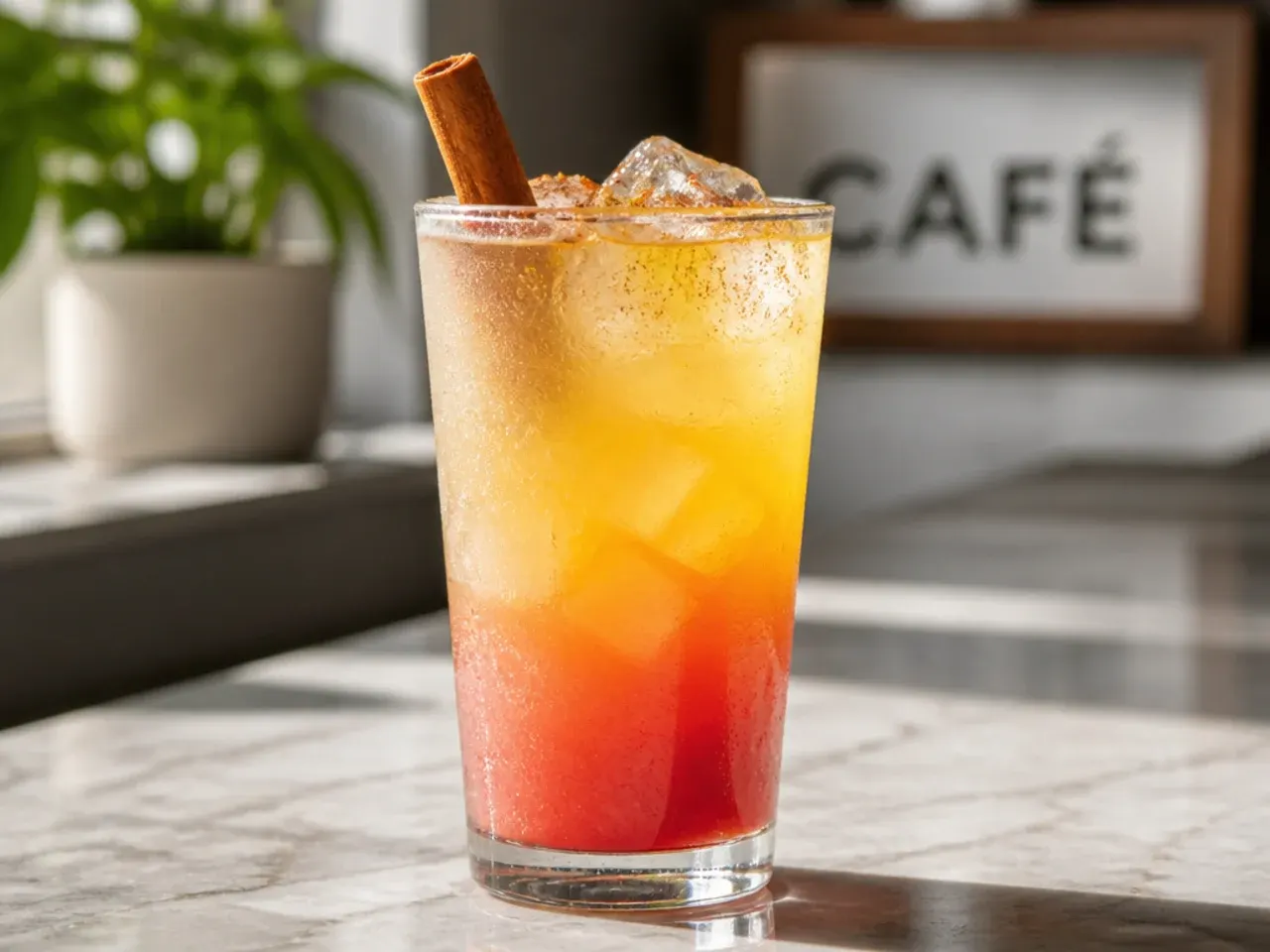 Layered orange and yellow guava sunrise lemonade in a tall clear glass