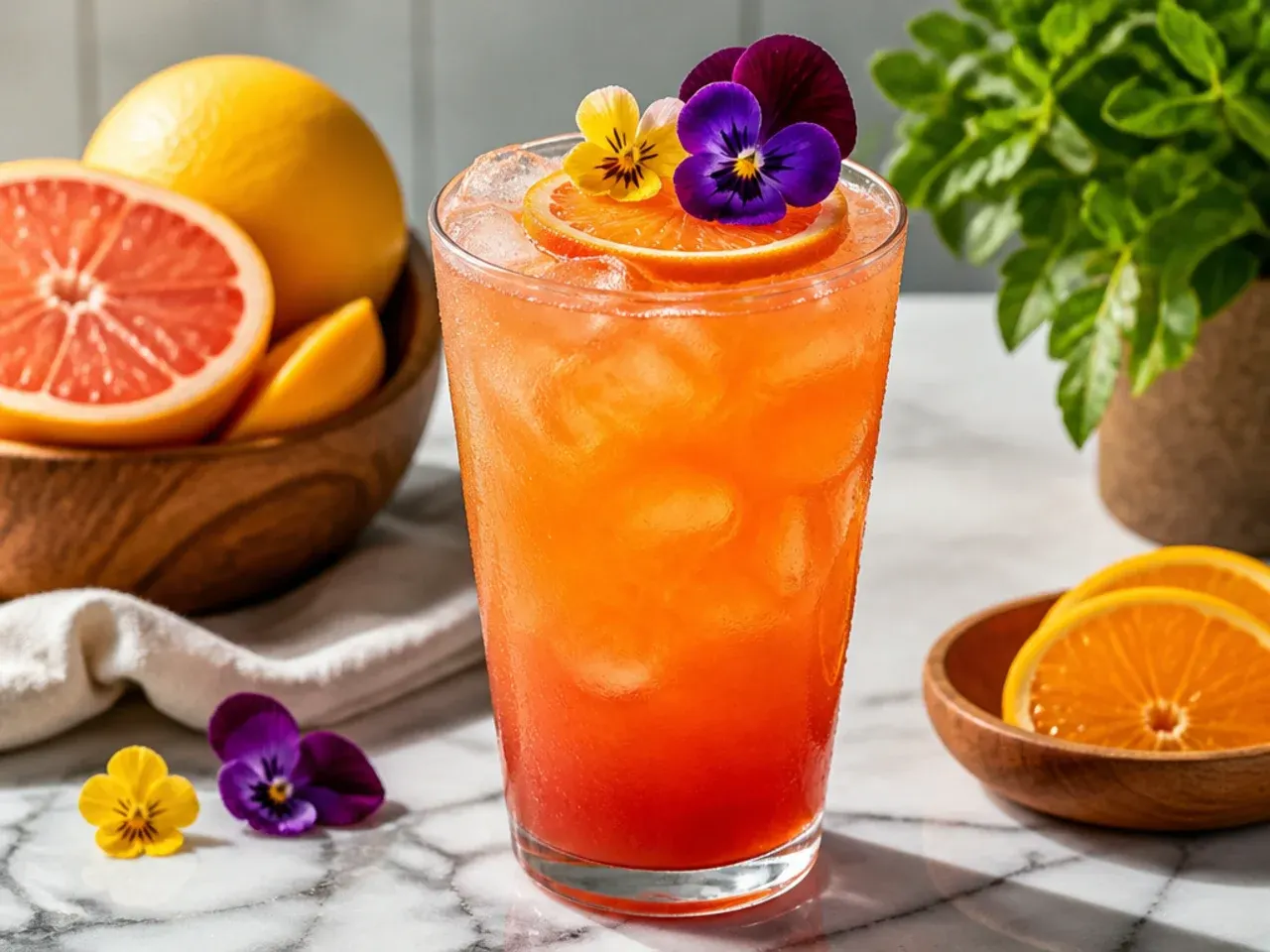 Bright red energy lemonade in a glass with ice, condensation visible on the outside