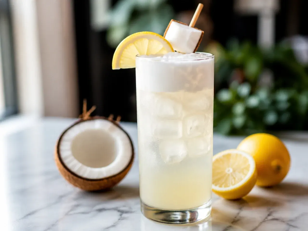 Pale creamy coconut lemonade in a glass topped with toasted coconut flakes