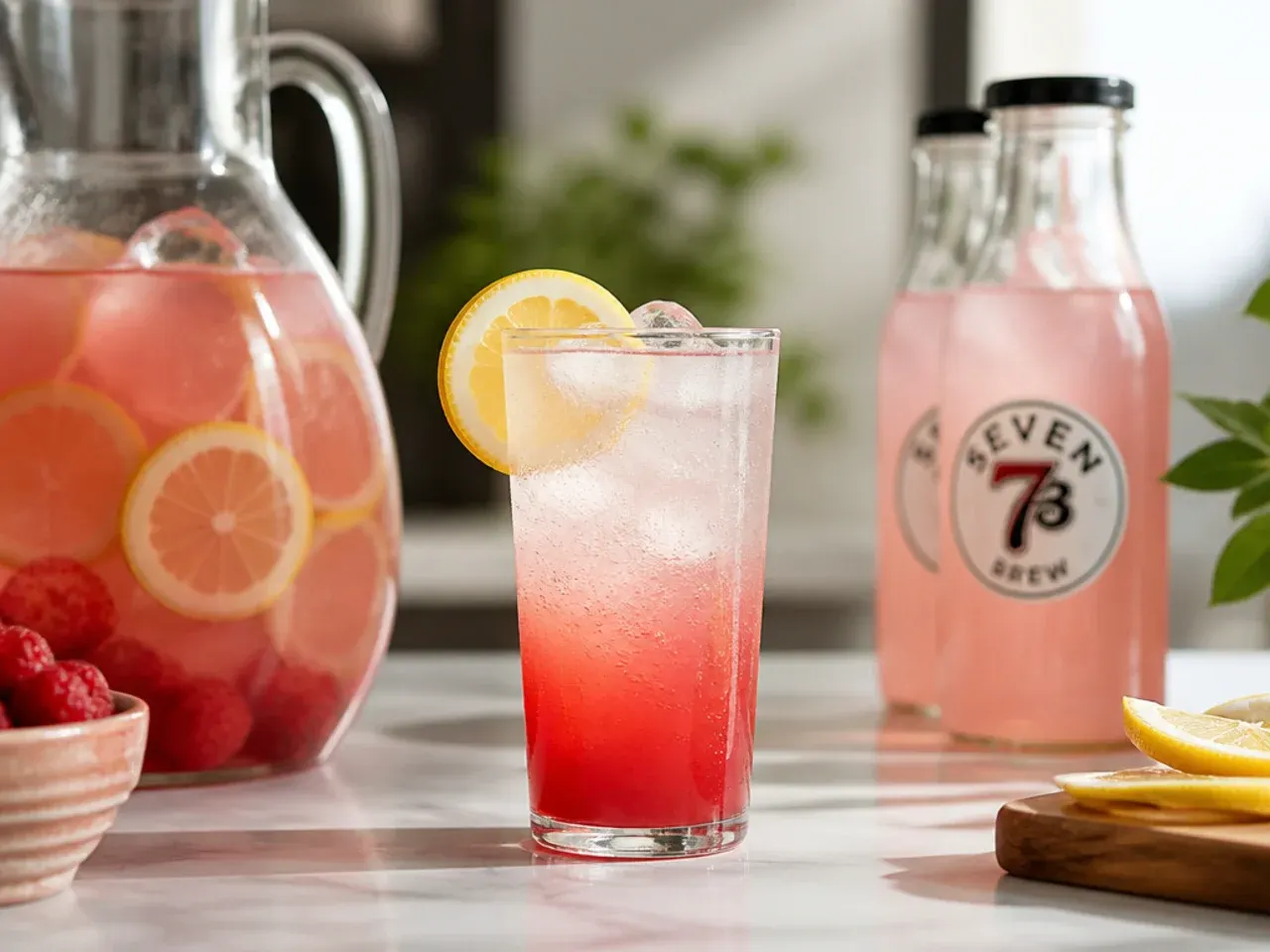Large pitcher of homemade lemonade concentrate next to small bottles of flavour syrups